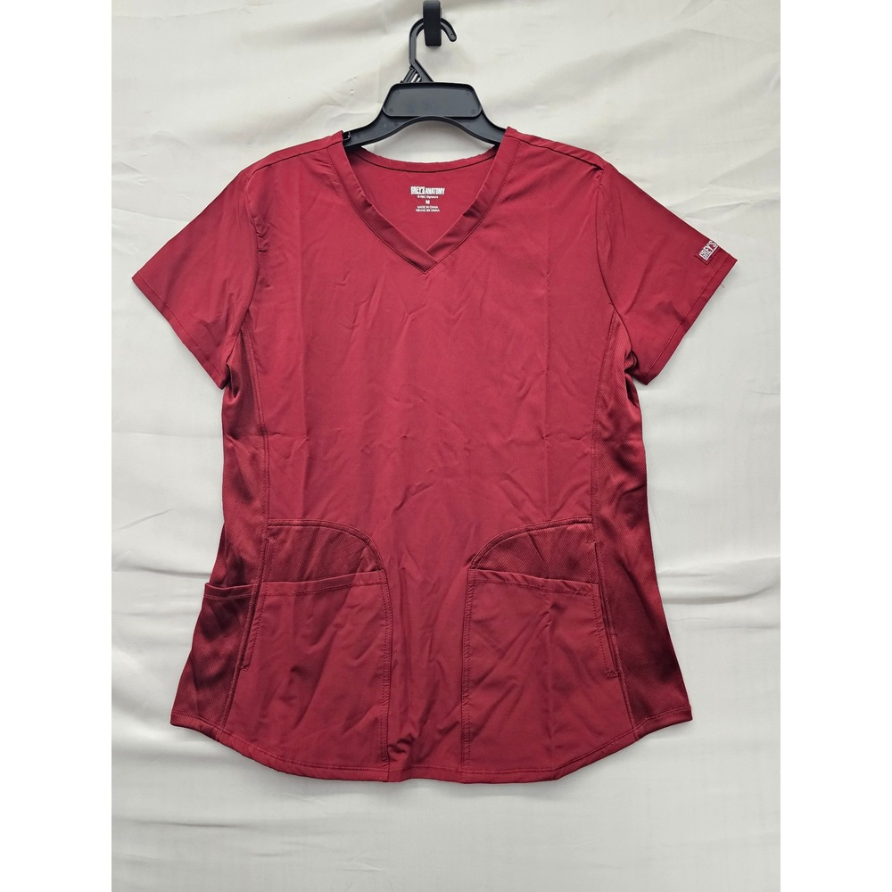 Grey's Anatomy Womens V-Neck Scrub Top Red Polyester Blend Relaxed Size Medium